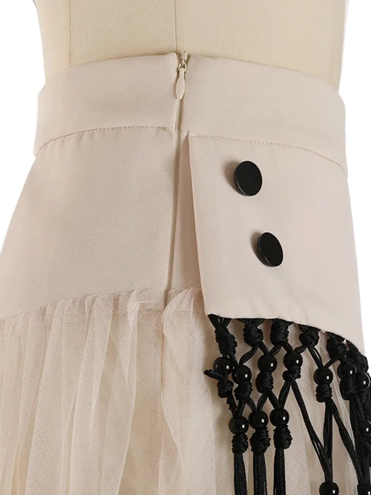 Patchwork Tassels Mesh Skirt For Women High Waist A Line Casual Midi Skirts Female Summer Clothing Style