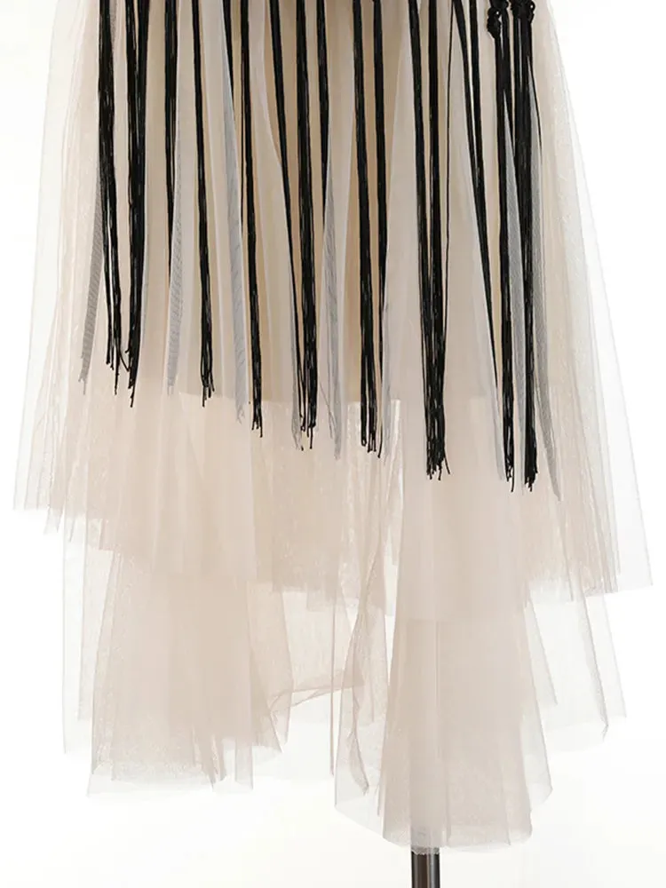 Patchwork Tassels Mesh Skirt For Women High Waist A Line Casual Midi Skirts Female Summer Clothing Style