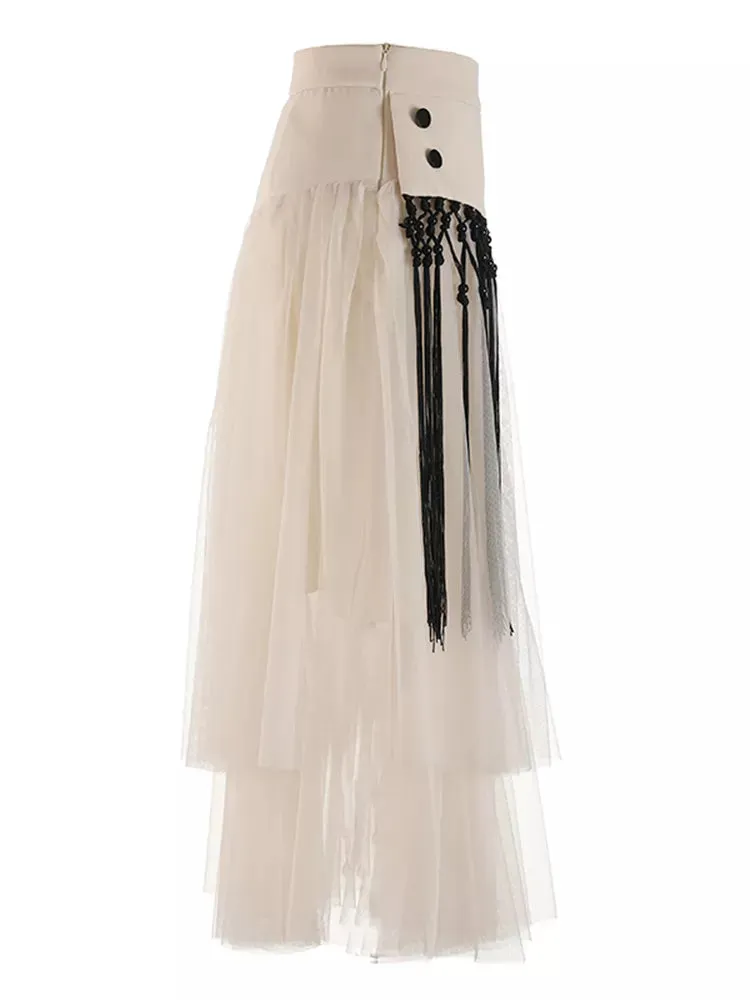 Patchwork Tassels Mesh Skirt For Women High Waist A Line Casual Midi Skirts Female Summer Clothing Style
