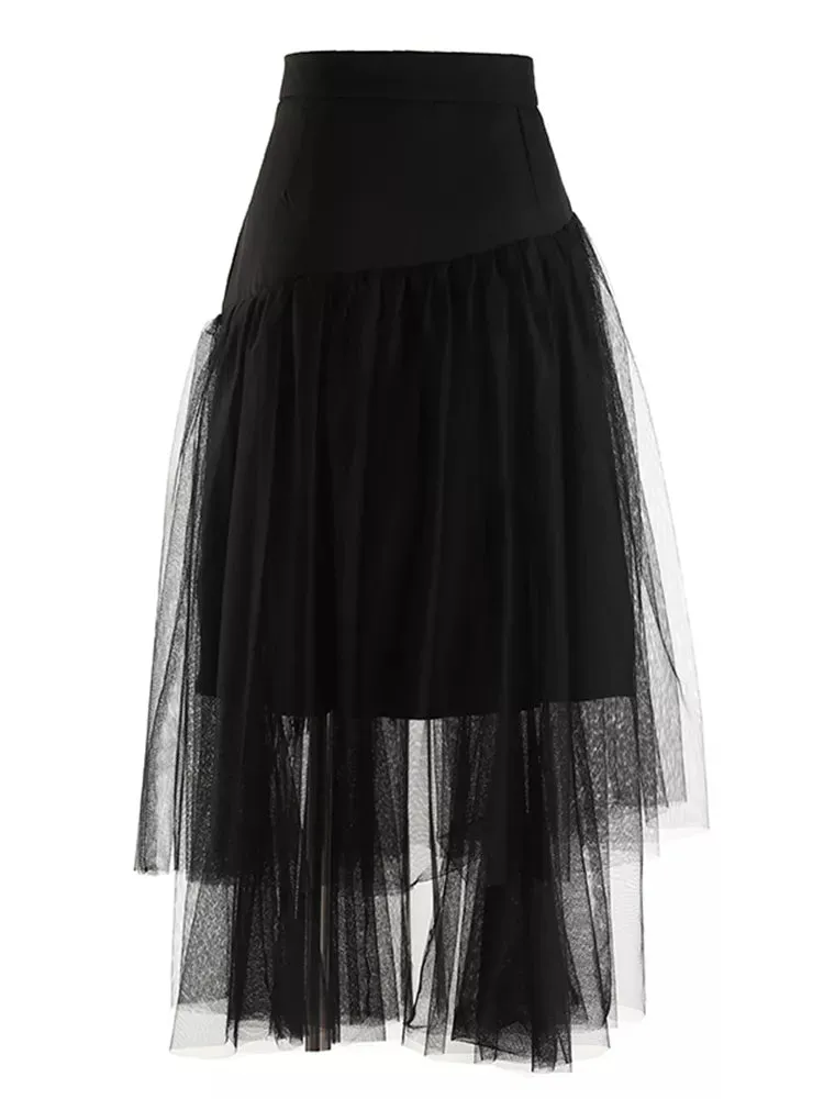 Patchwork Tassels Mesh Skirt For Women High Waist A Line Casual Midi Skirts Female Summer Clothing Style
