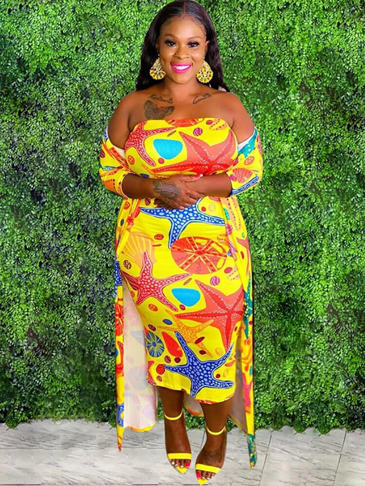 Plus Size 2 Piece Strapless Tube Dresses   Open Front Cardigan