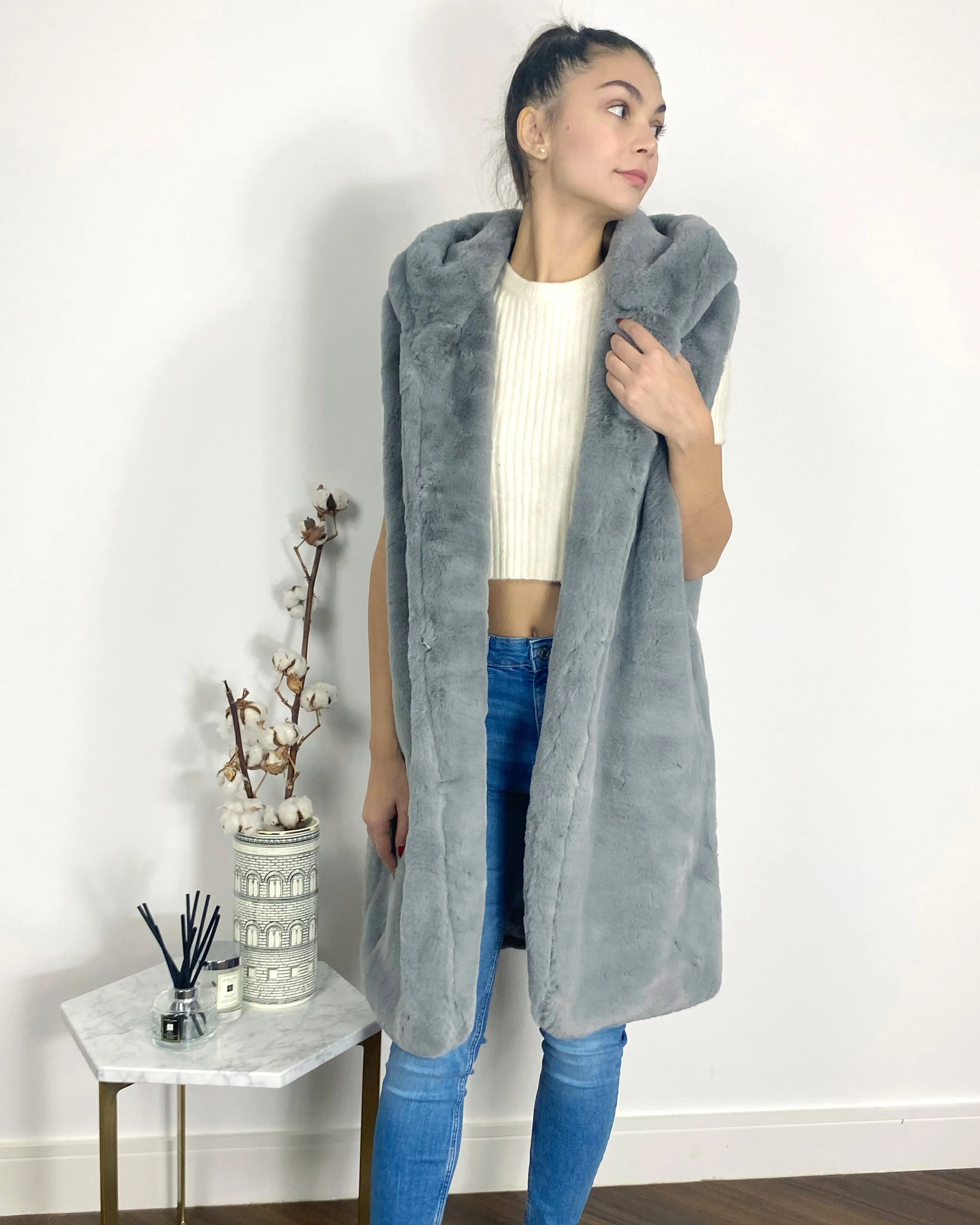Plus Size Faux Fur Long Gilet with Hoodie in grey
