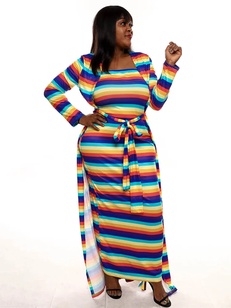 Plus Size Two Piece Rainbow Open Front Cardigan Dresses Sets