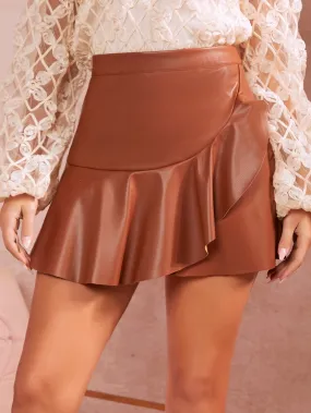 Ruffle Trim Wrap PU Leather Skirt