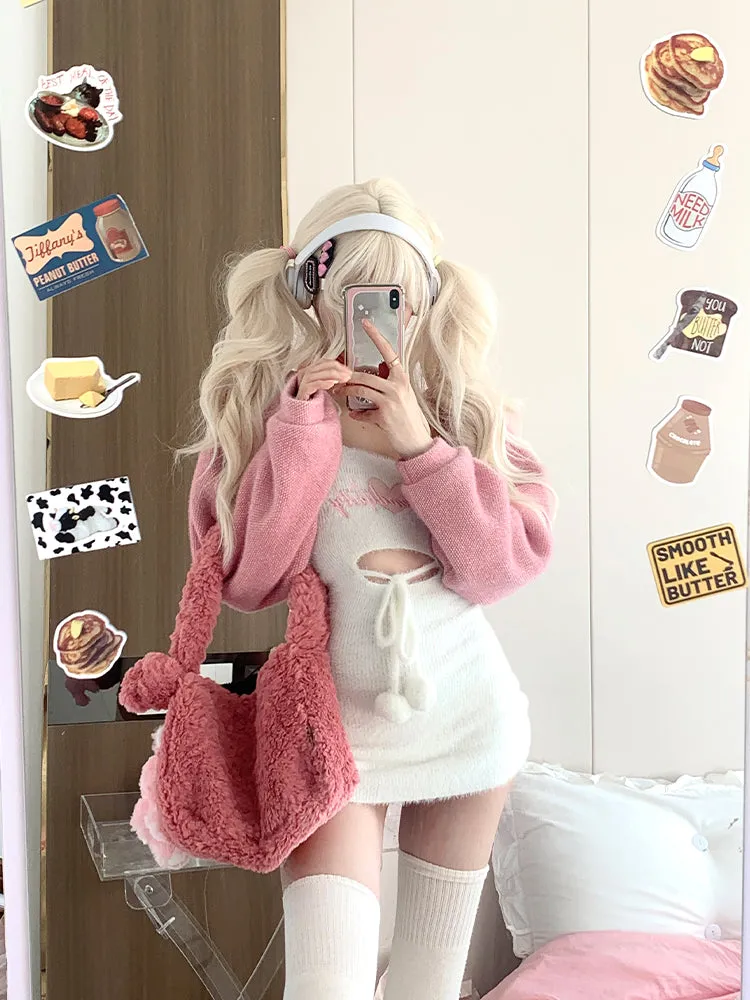 Serendipity Autumn Doll Strap Plush Pompom Balls White Bodycon Dress & Pink Cardigan Two Piece Set