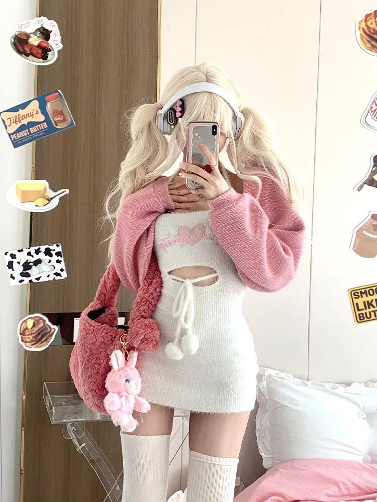 Serendipity Autumn Doll Strap Plush Pompom Balls White Bodycon Dress & Pink Cardigan Two Piece Set