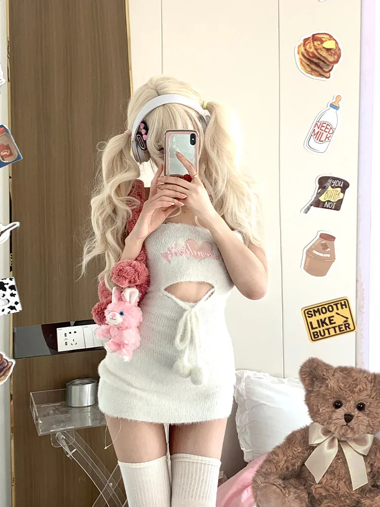 Serendipity Autumn Doll Strap Plush Pompom Balls White Bodycon Dress & Pink Cardigan Two Piece Set