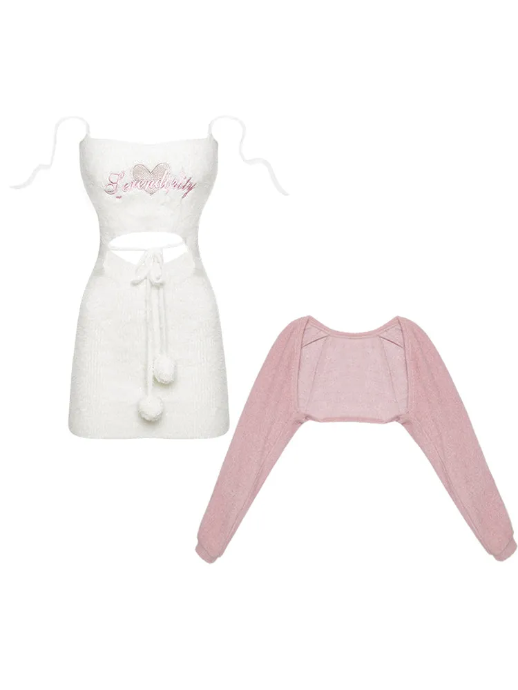 Serendipity Autumn Doll Strap Plush Pompom Balls White Bodycon Dress & Pink Cardigan Two Piece Set