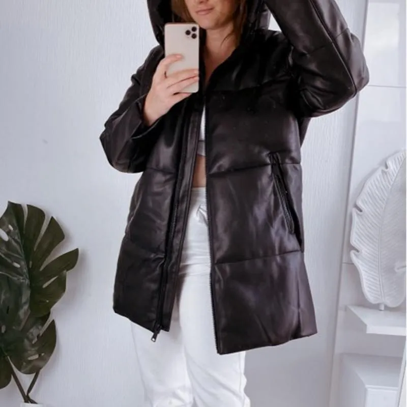 Simplee Elegant black straight tube long parkas Winter coat