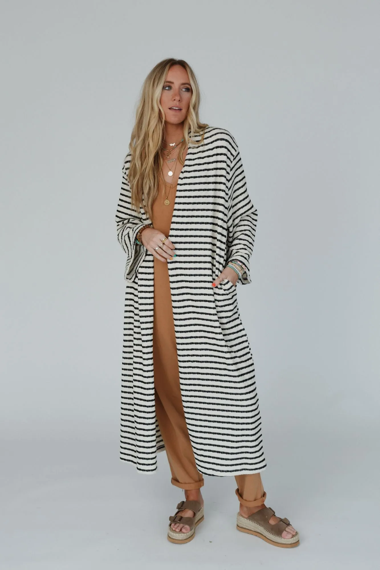 The Nest Venyx Striped Duster Cardigan - Cream Black
