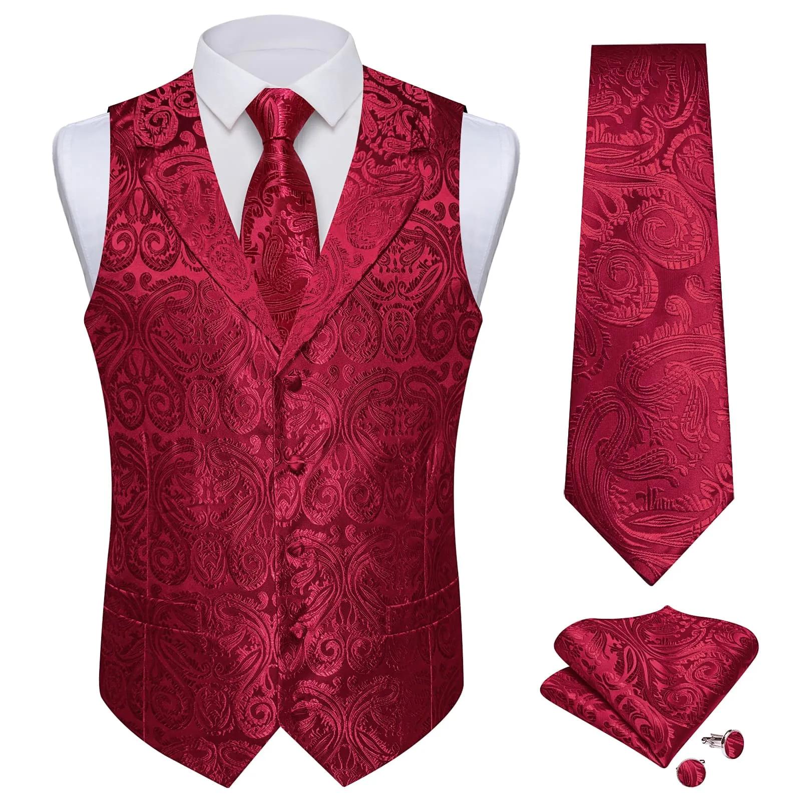 Ties2you Dress Vest Burgundy Paisley Notched Collar Silk Mens Work Vest Tie Set