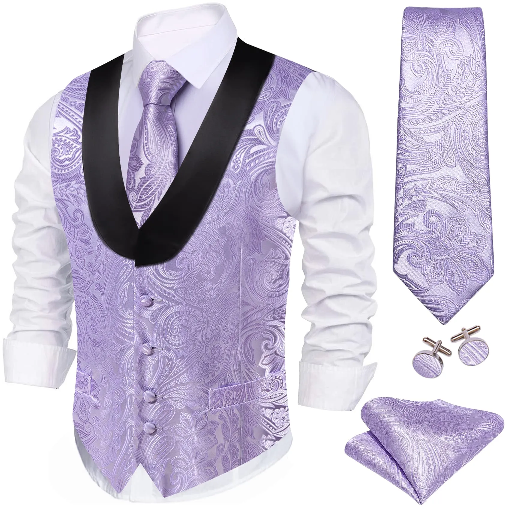 Ties2you Tuxedo Vest Light Purple Paisley Black Shawl Collar Silk Dress Vest for Men