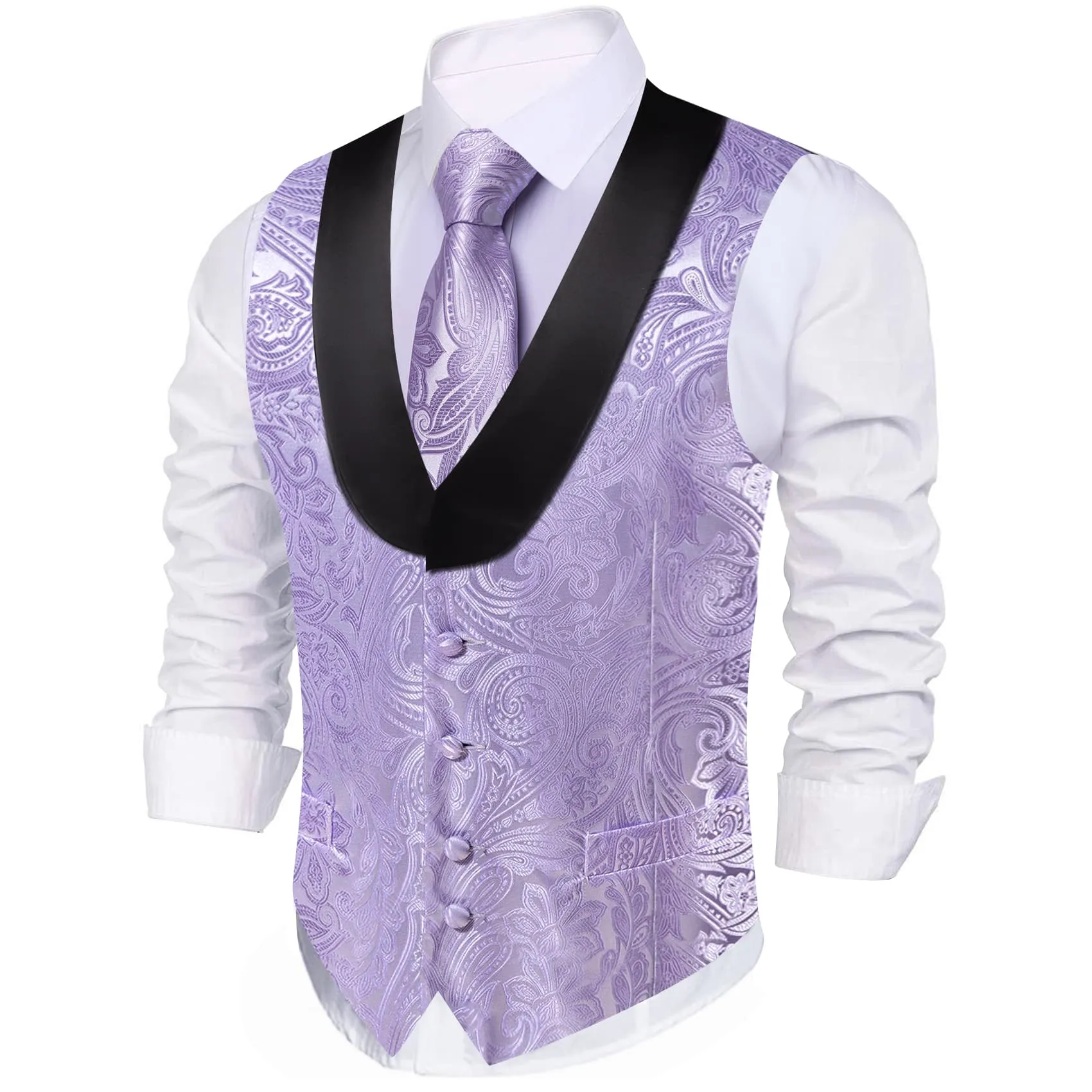 Ties2you Tuxedo Vest Light Purple Paisley Black Shawl Collar Silk Dress Vest for Men
