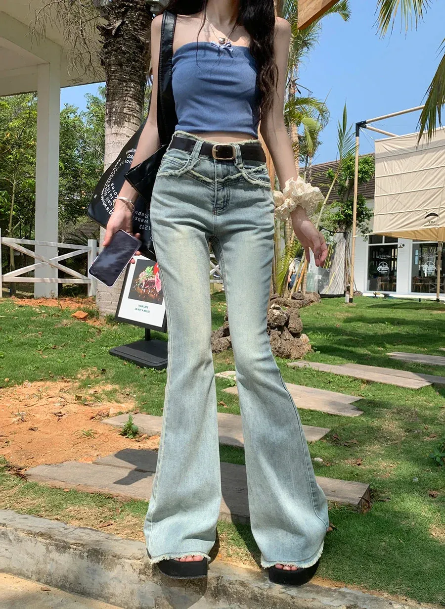 Vintage Blue Fringed Flare Women's Spring Summer High Waist Street Casual Denim Jeans