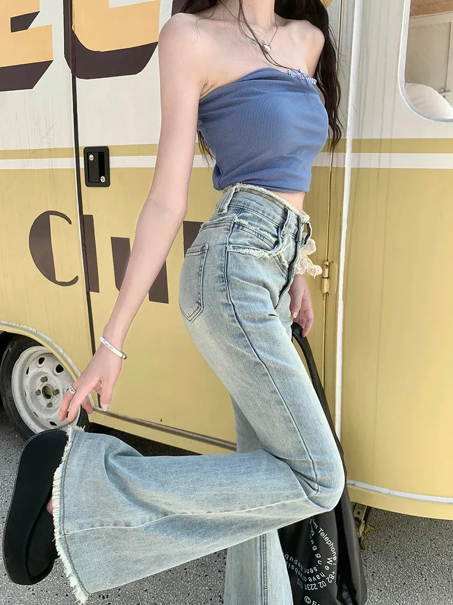 Vintage Blue Fringed Flare Women's Spring Summer High Waist Street Casual Denim Jeans