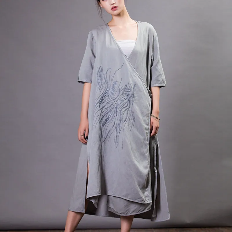 Vintage Embroidered V-Neck Cardigan Dress For Women