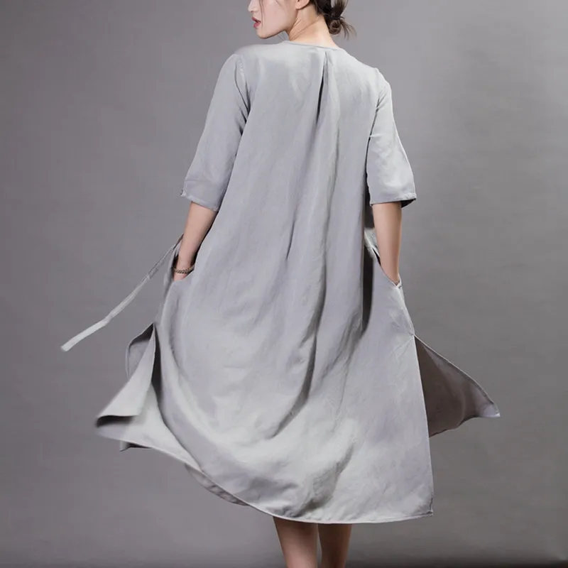 Vintage Embroidered V-Neck Cardigan Dress For Women