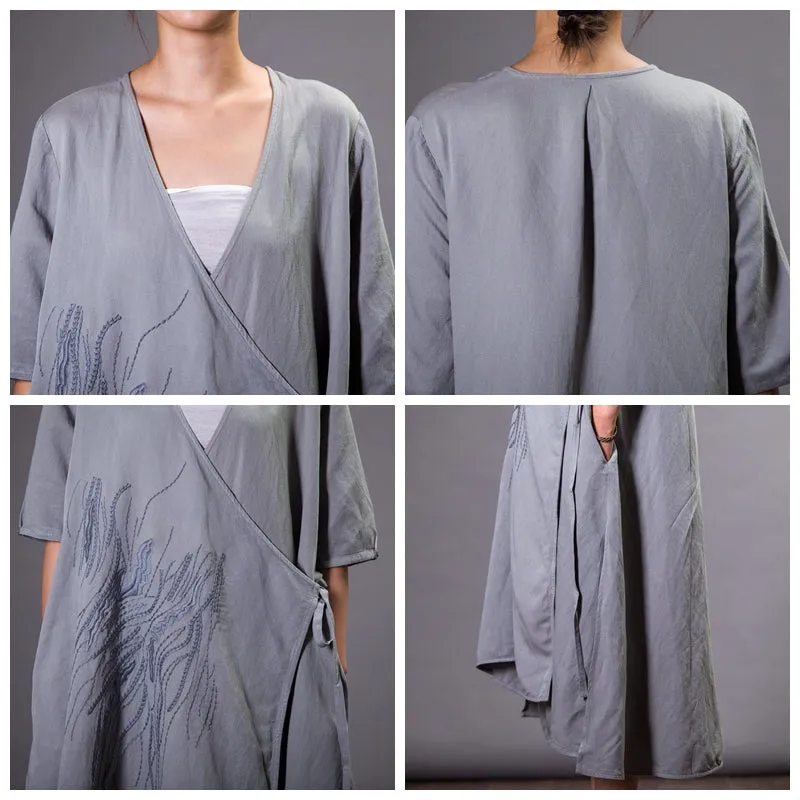 Vintage Embroidered V-Neck Cardigan Dress For Women