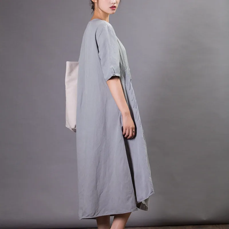 Vintage Embroidered V-Neck Cardigan Dress For Women