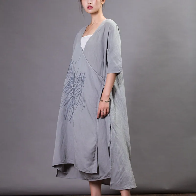 Vintage Embroidered V-Neck Cardigan Dress For Women