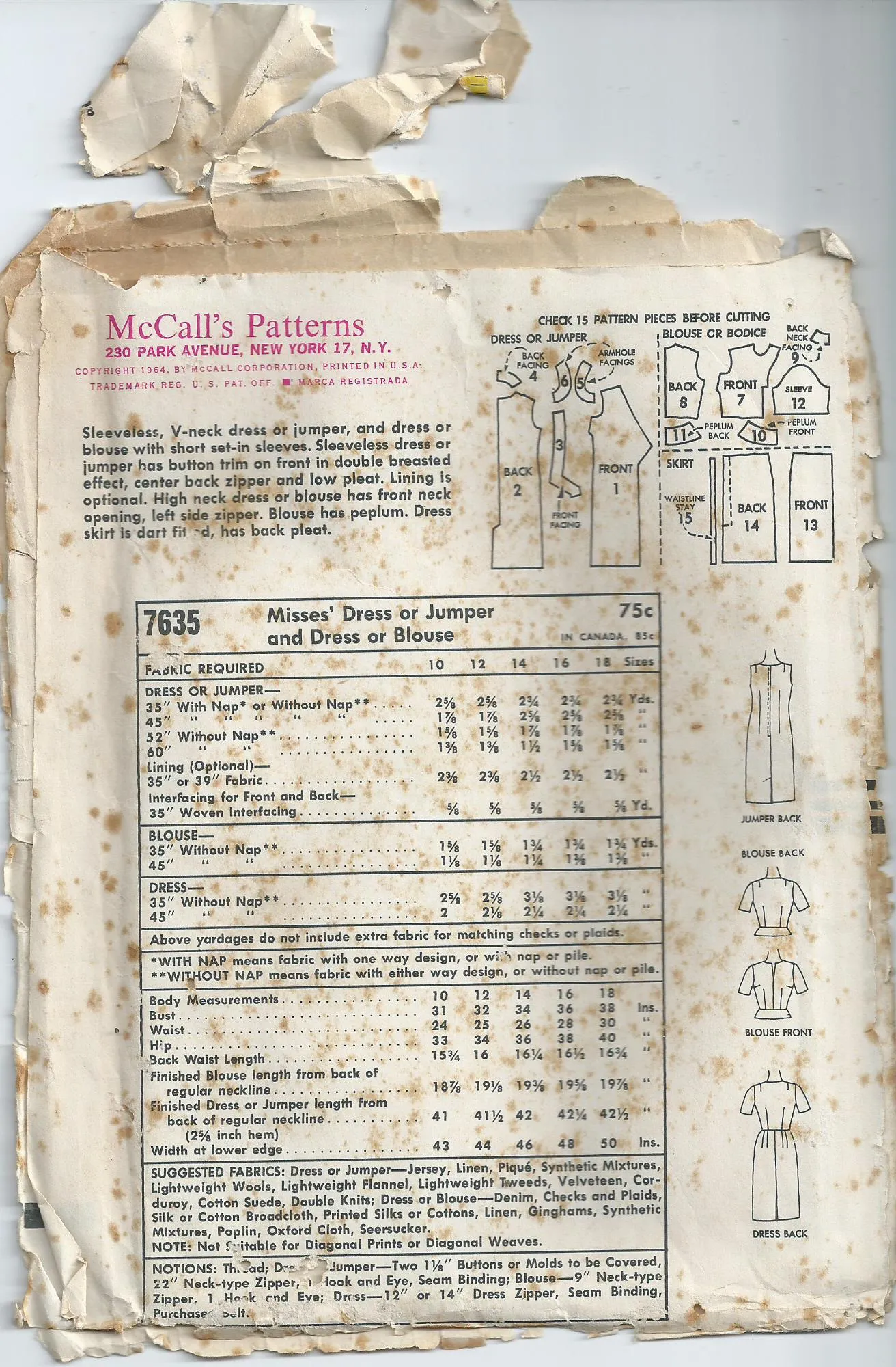 Vintage Pattern - Jumper or Dress - McCall's Pattern 7635 - 1965 - Bust 86 cm - Uncut Pattern
