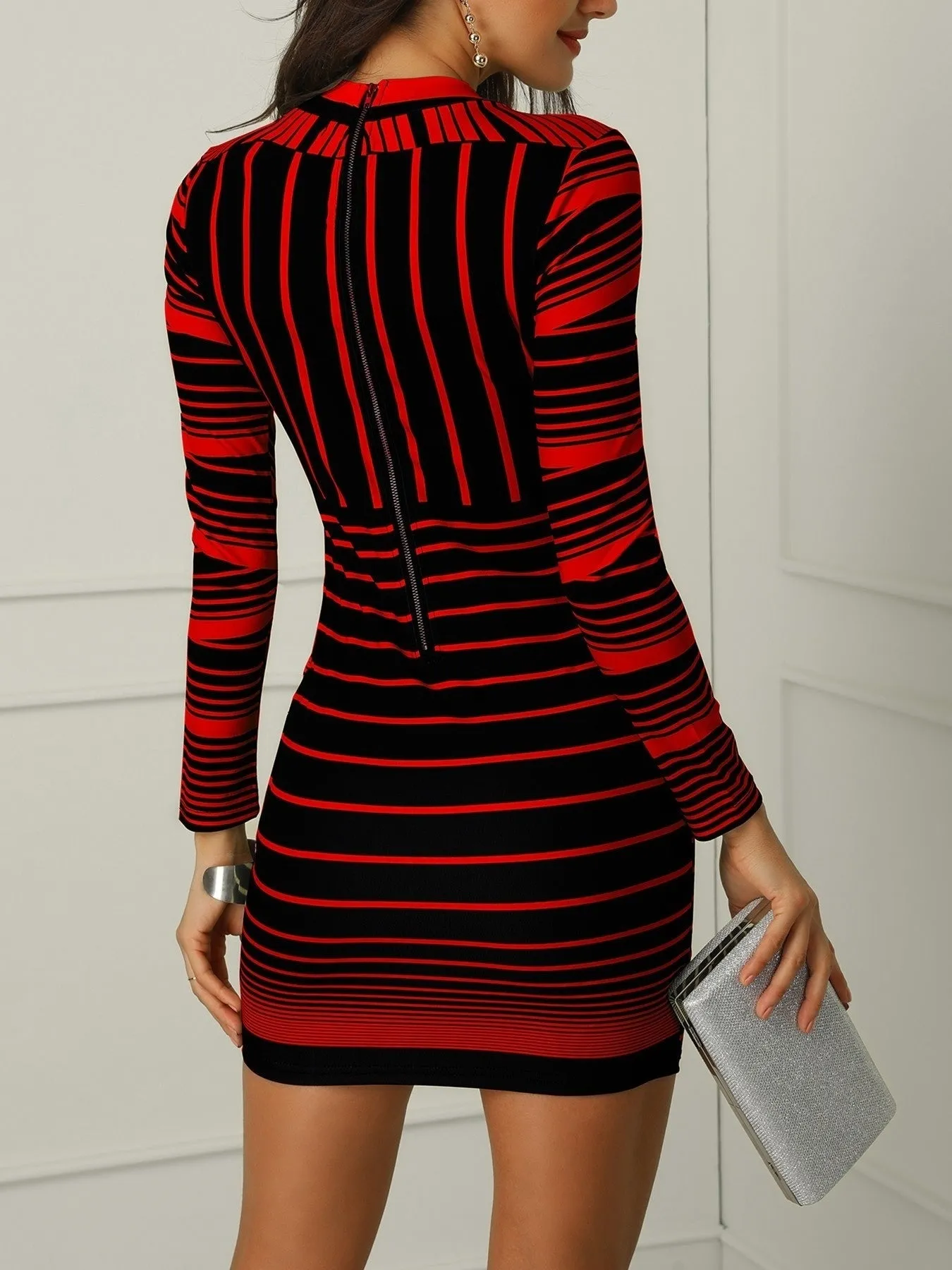 Women Bodycon Dress Long Sleeve Short Mini Fashion Pencil Skirt Zipper Pacthwork Slim Dress