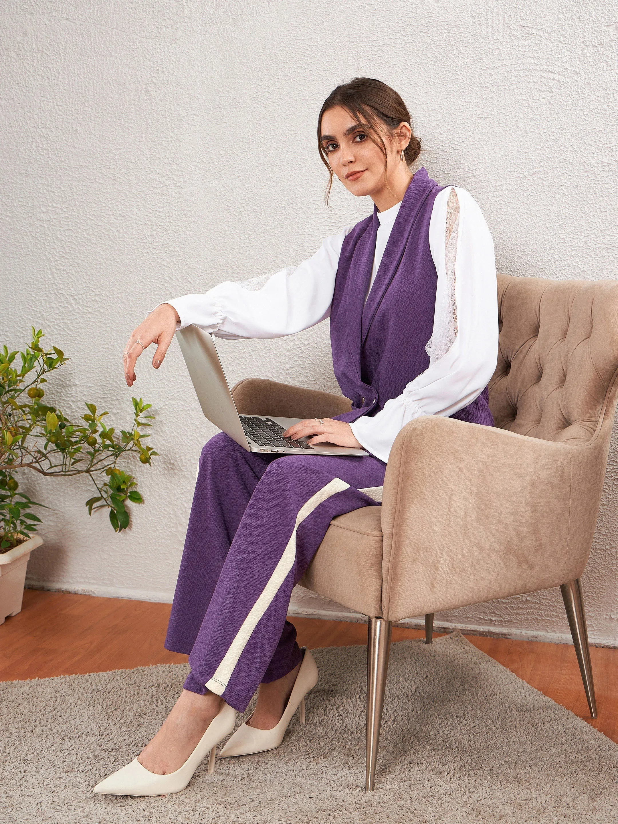 Women Purple Side Tape Bell Bottom Pants