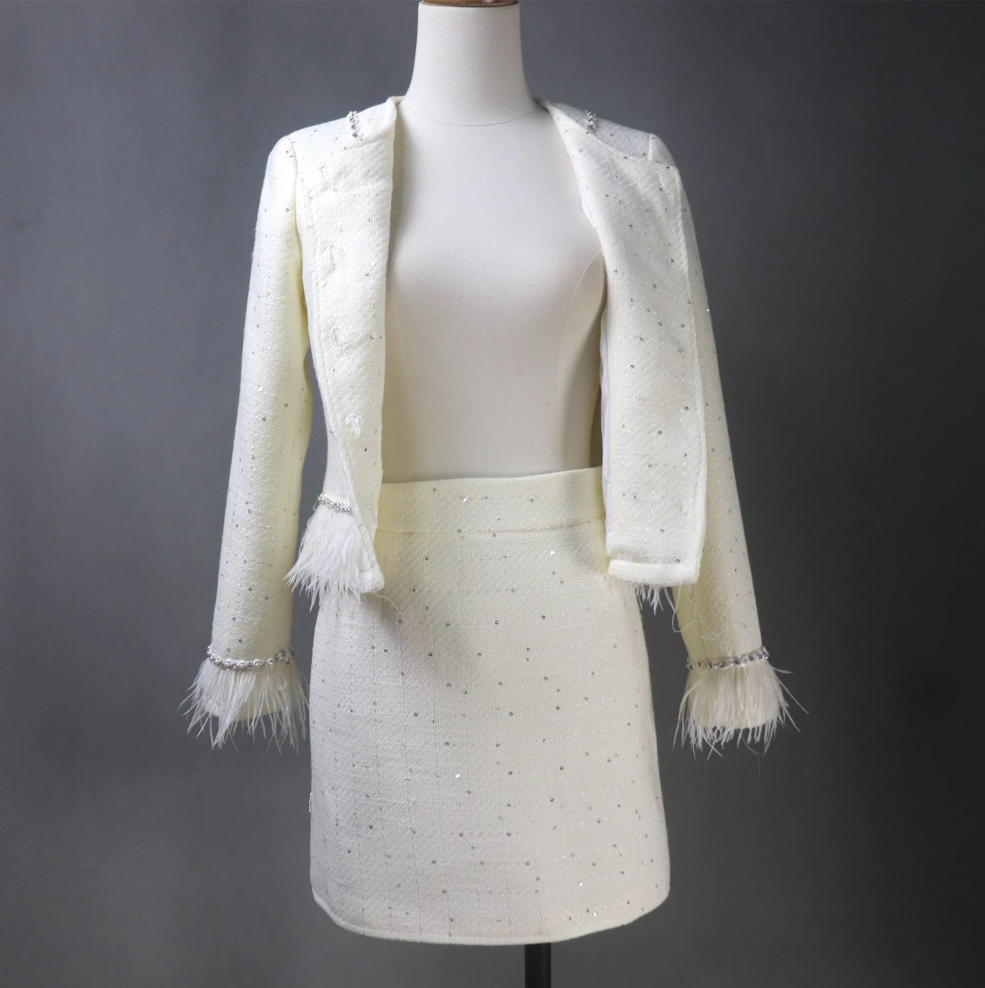 Womens Custom Made White Skirt Suit With Fur Trims