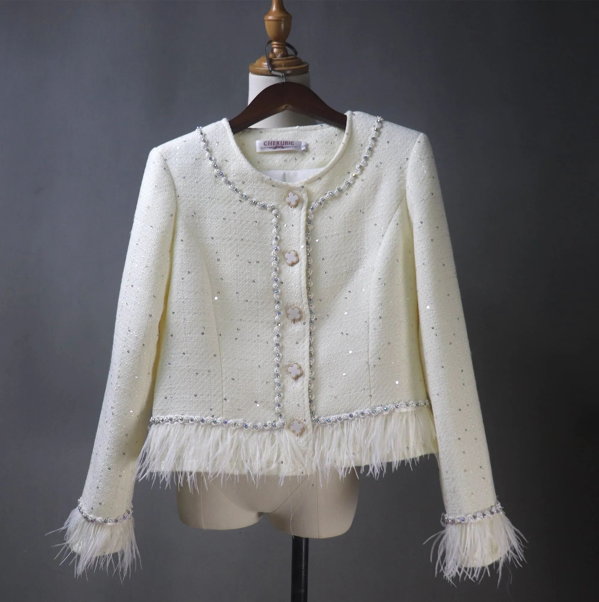 Womens Custom Made White Skirt Suit With Fur Trims