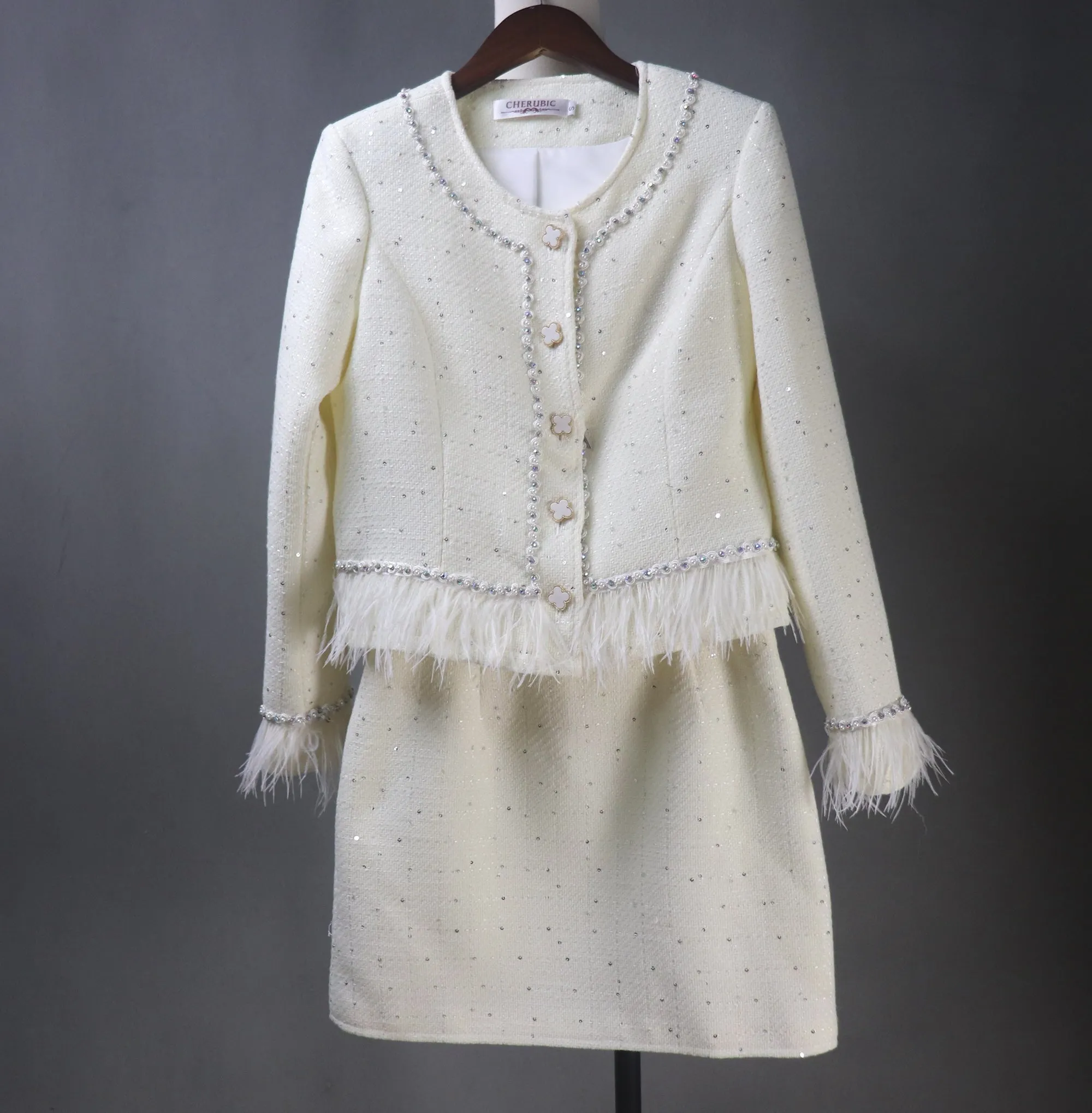 Womens Custom Made White Skirt Suit With Fur Trims