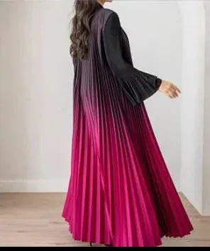 Wrinkled Trench Coat for Women in Autumn , New Fashion Print Gradient Color Flared Sleeves, Cardigan Long Style
