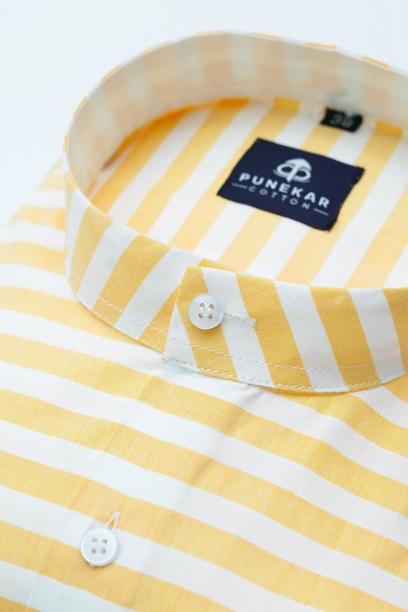 Yellow Color Stand Collar Strips Shirts For Men