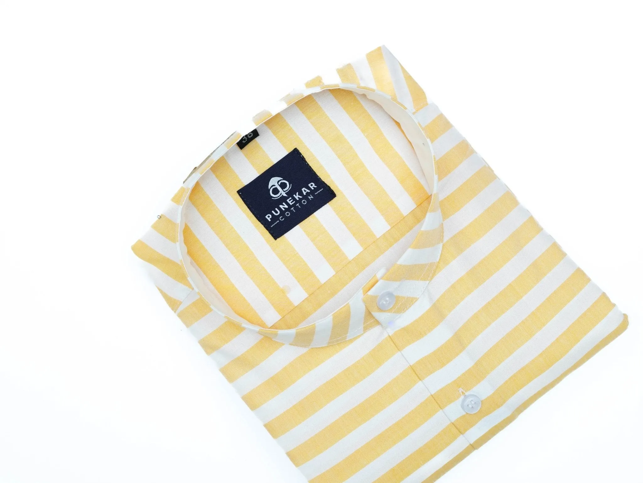 Yellow Color Stand Collar Strips Shirts For Men